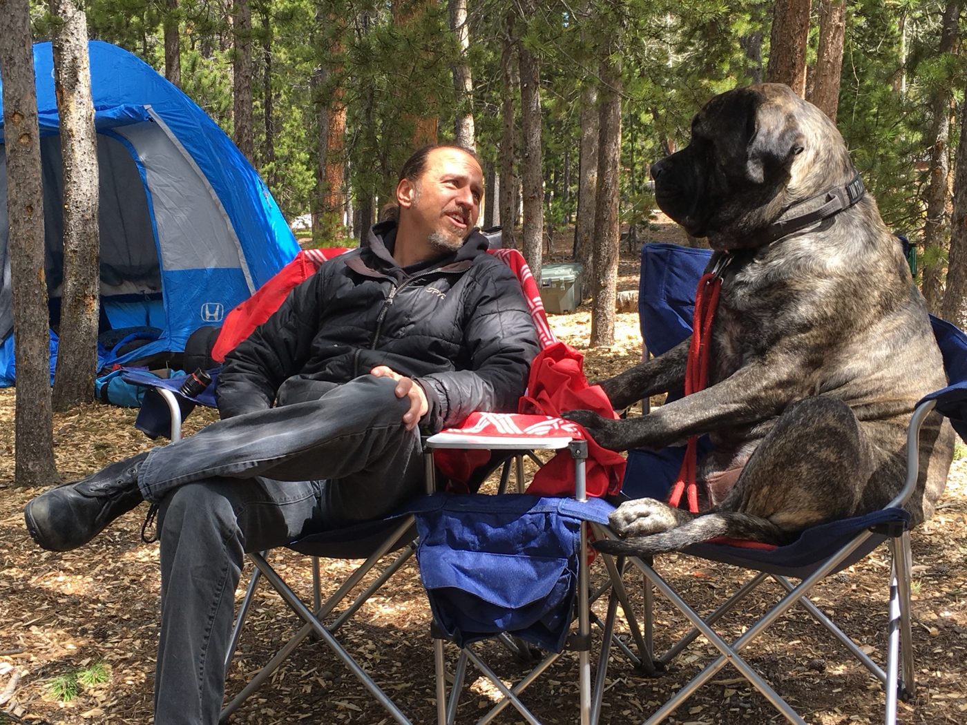 Craig and Turtle sitting side by side in camp chairs